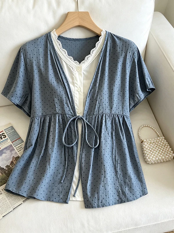 

Large Size Korean Style Floral Lace Shirt Women's Short Sleeve V-Neck Summer New Design Casual Fashion Single-Piece Top