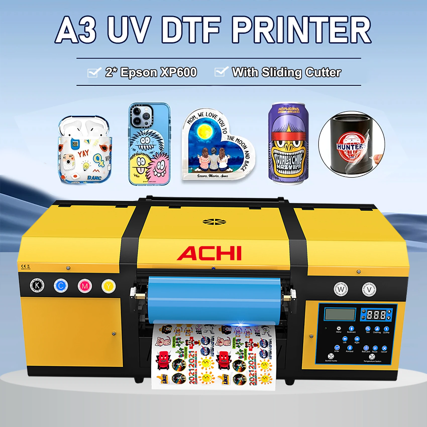 ACHI A3 UV DTF Printer 2 in 1 Sticker Printer Transfer Stickers Dual XP600 for Mug Cap Wood Glass UV DTF Printing Machine