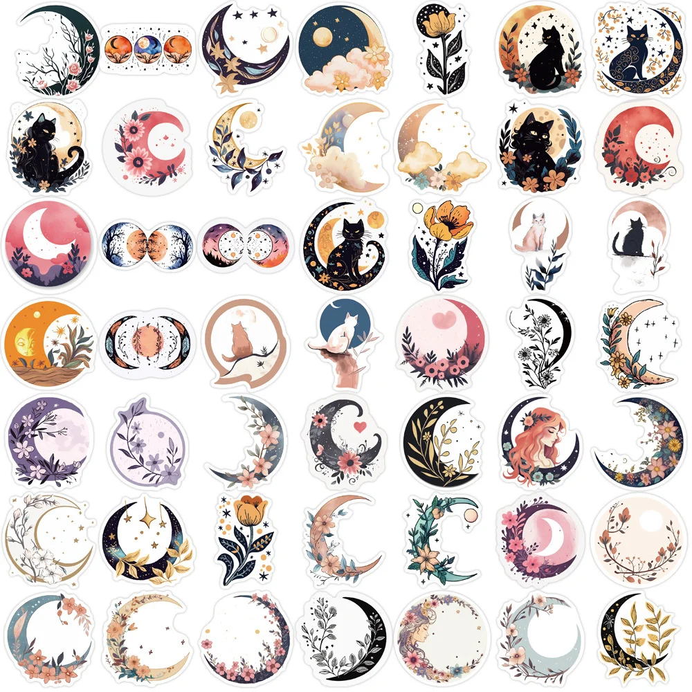 Vintage Aesthetic Flower Cat and Moon Stickers, Scrapbooking Material, Fit for Ipad, Laptop, Phone, Craft Supplies, 50Pcs