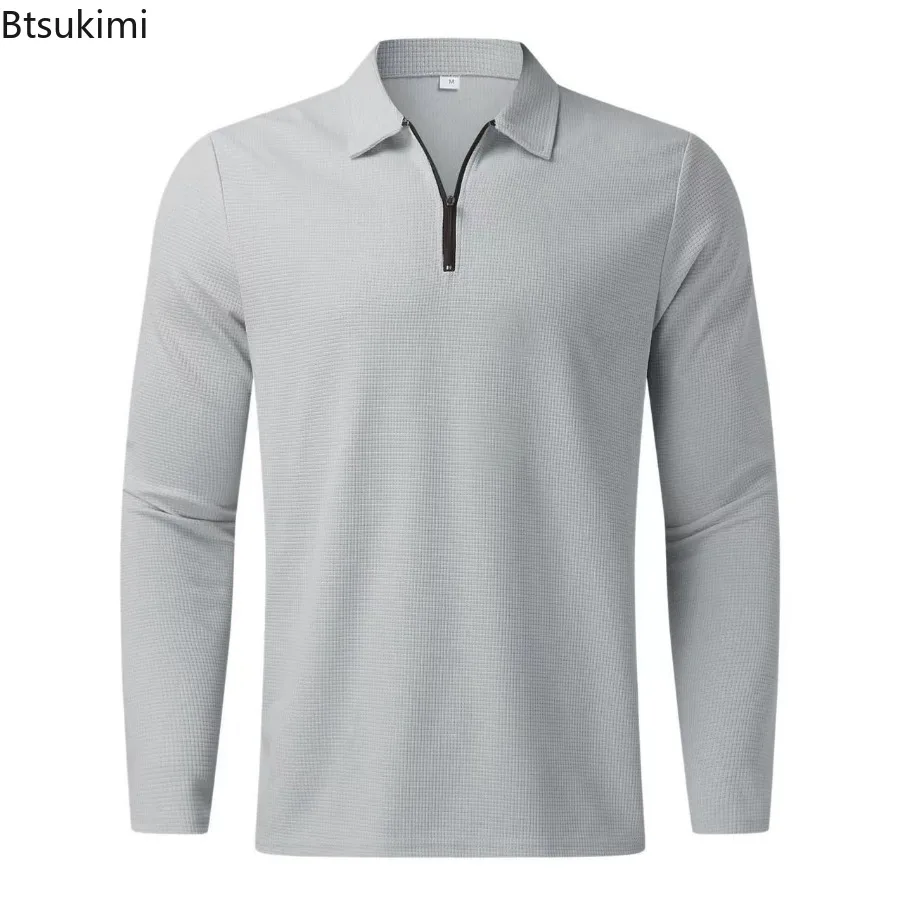 

New Men's Polo Shirts Fashion Waffle Fabric Comfort Breathable Tops Men Long Sleeve Half Zip Lapel Pullover Loose Casual T-shirt