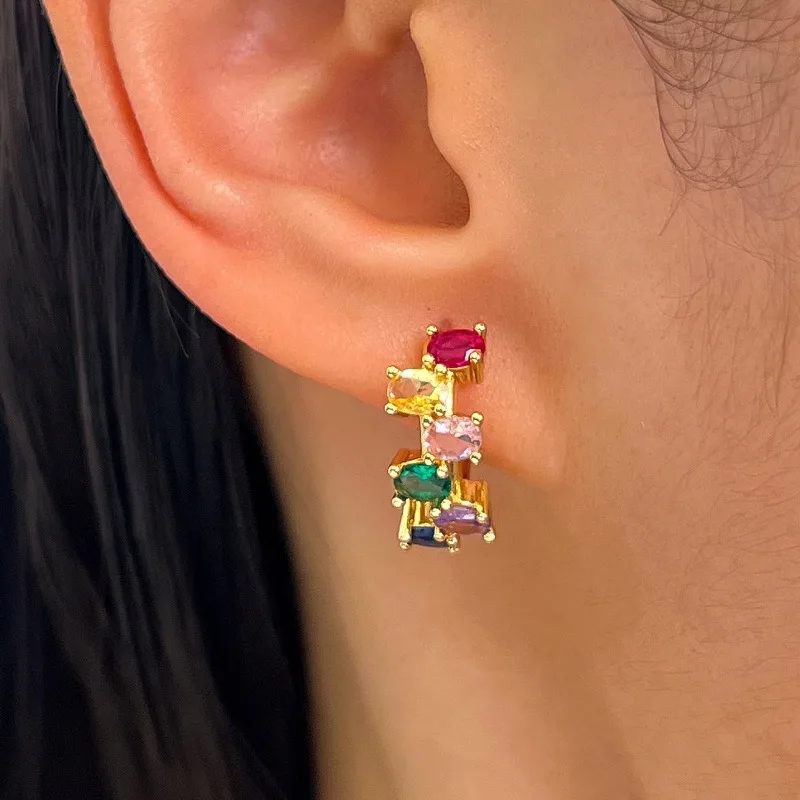 Light luxury colored zircon earrings with multiple colored zircon golden earrings and retro contrasting earstuds