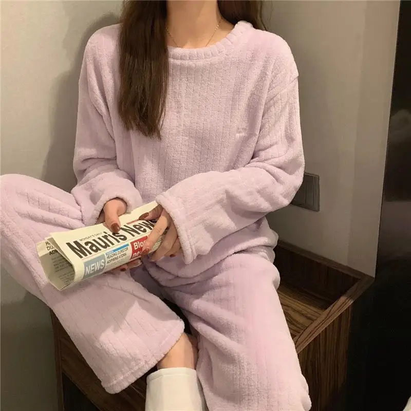 

Flannel Pajama Sets Women Winter Students Casual Comfort Home Wear Retro Simple Sweet Ulzzang Thick Warm Fashion Classic Young