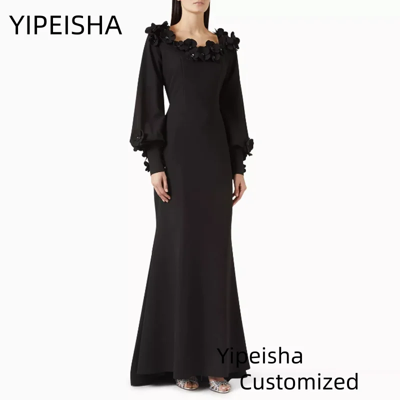 

Customized Mermaid Long Sleeves Evening Dress Round Neck 3D Flowers Sweep Train Arabian Party Dresses Saudi Prom Gowns