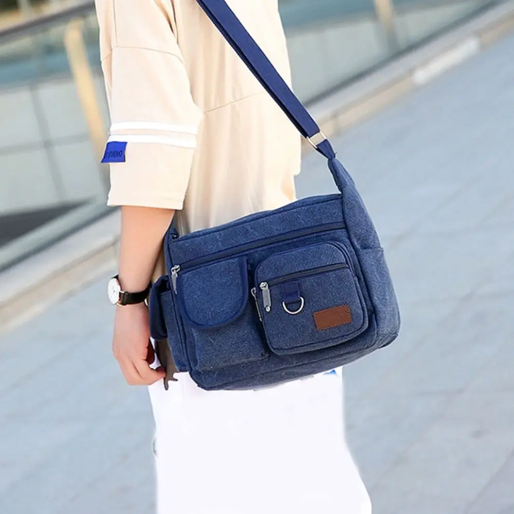Korean Style Men Messenger Bags Large Capacity with Pocket Canvas Crossbody Bag Zipper Solid Color Travel Tool Bag Outdoor