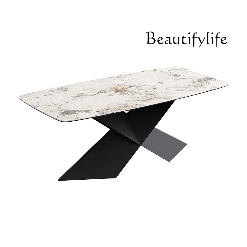 

American Modern Light Luxury Home Retro Stone Plate Dining Table Light Luxury Designer Model Fashion Dining Table