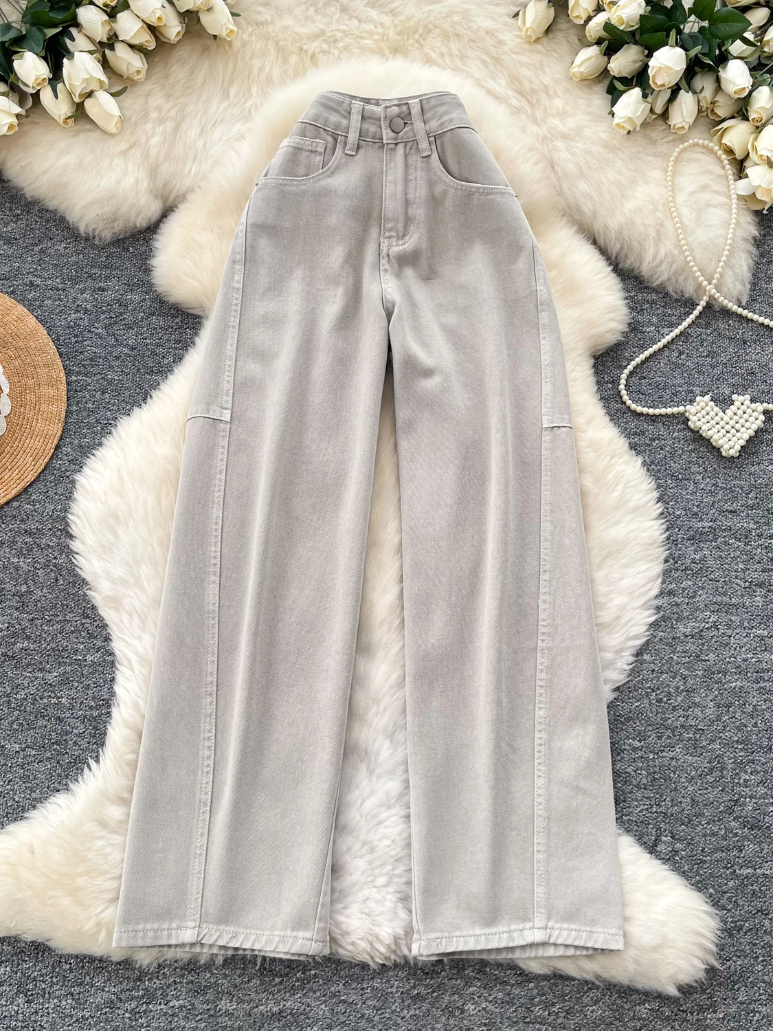 

Джинсы с высокой талией и широкими штанинами, женские, прямого кроя, свободные, универсальные, длинные брюки, в корейском стиле, стройнящие, для повседневной носки