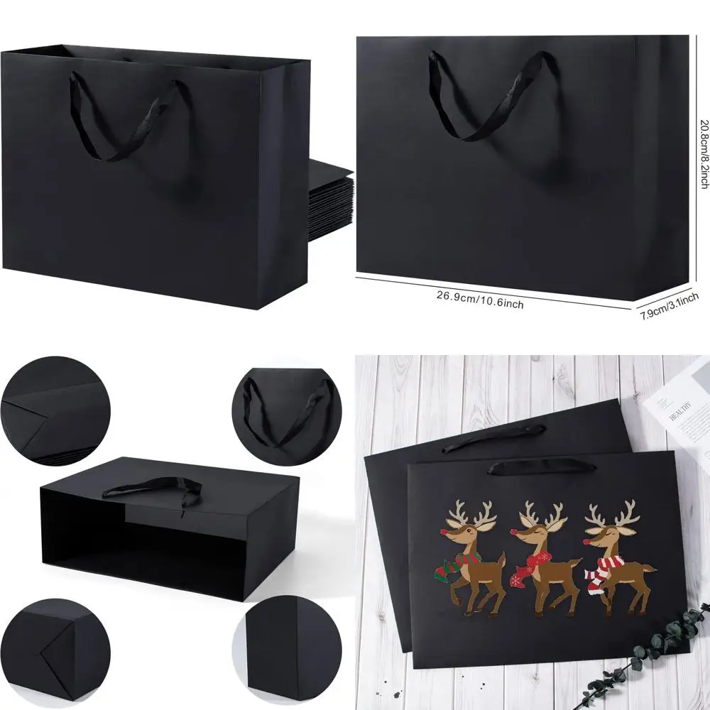 

Bulk Pack of 50 Large Black Gift Bags, 16x6x12 Inches, with Ribbon Handles, Heavy-Duty Kraft Paper, Ideal for Shopping, Weddings