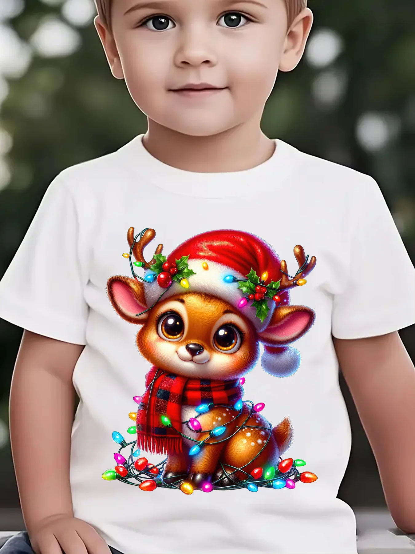 Kids Boys Girls Family Matching T Shirt Christmas Cute Reindeer Santa Hat Light Graphic Print Short Sleeve Crew Neck Tee Tops