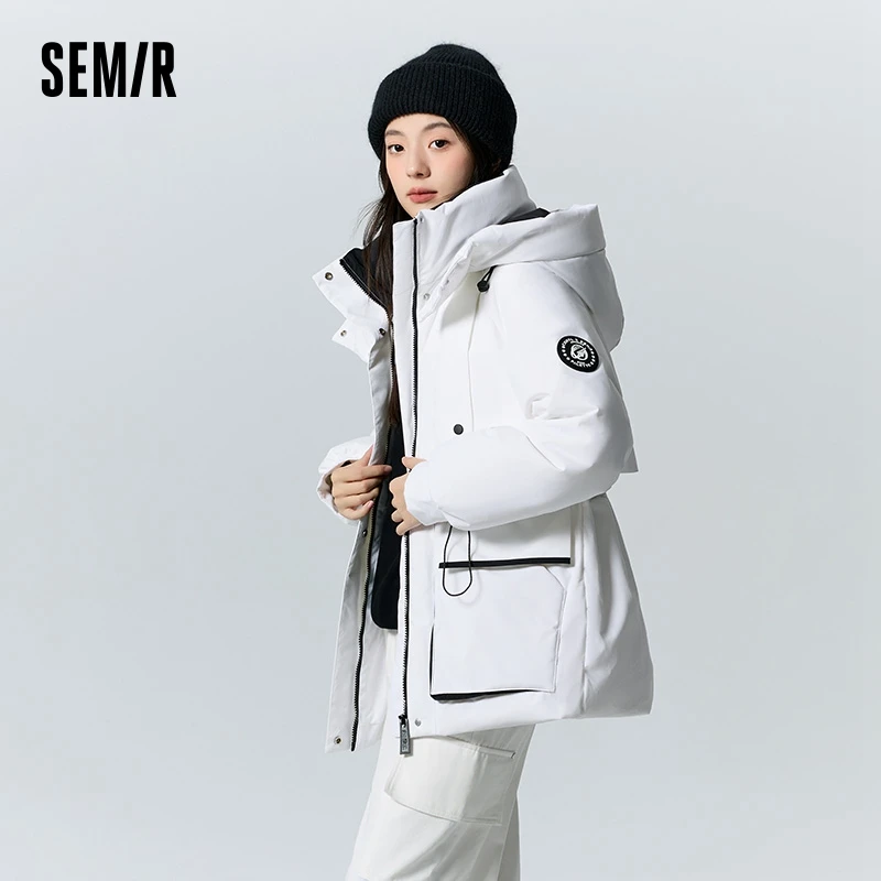 Semir Down Jacket Women Mid-Length Patchwork Waist-Adjusting Raglan Sleeve Hooded Loose Three-Defense Winter Clothing