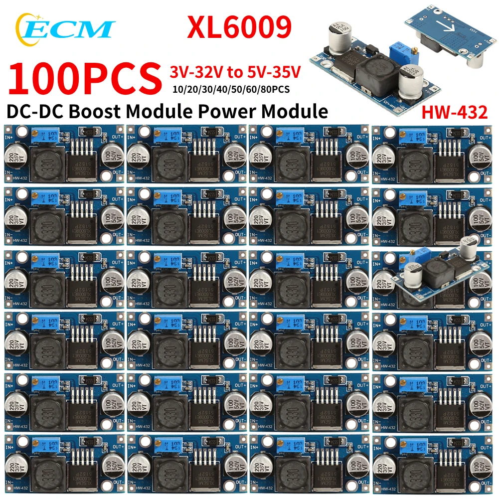 100-1PCS XL6009 Boost Converter DC-DC Step Up Power Supply Module Adjustable 4.5-32V to 5-52V Voltage Regulator + LED Voltmeter