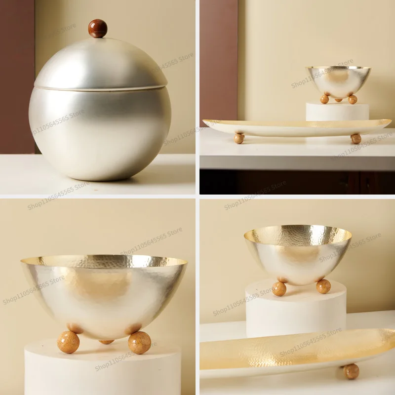 For light luxury stainless steel silver round storage jar hammer fruit bowl long tray ornament