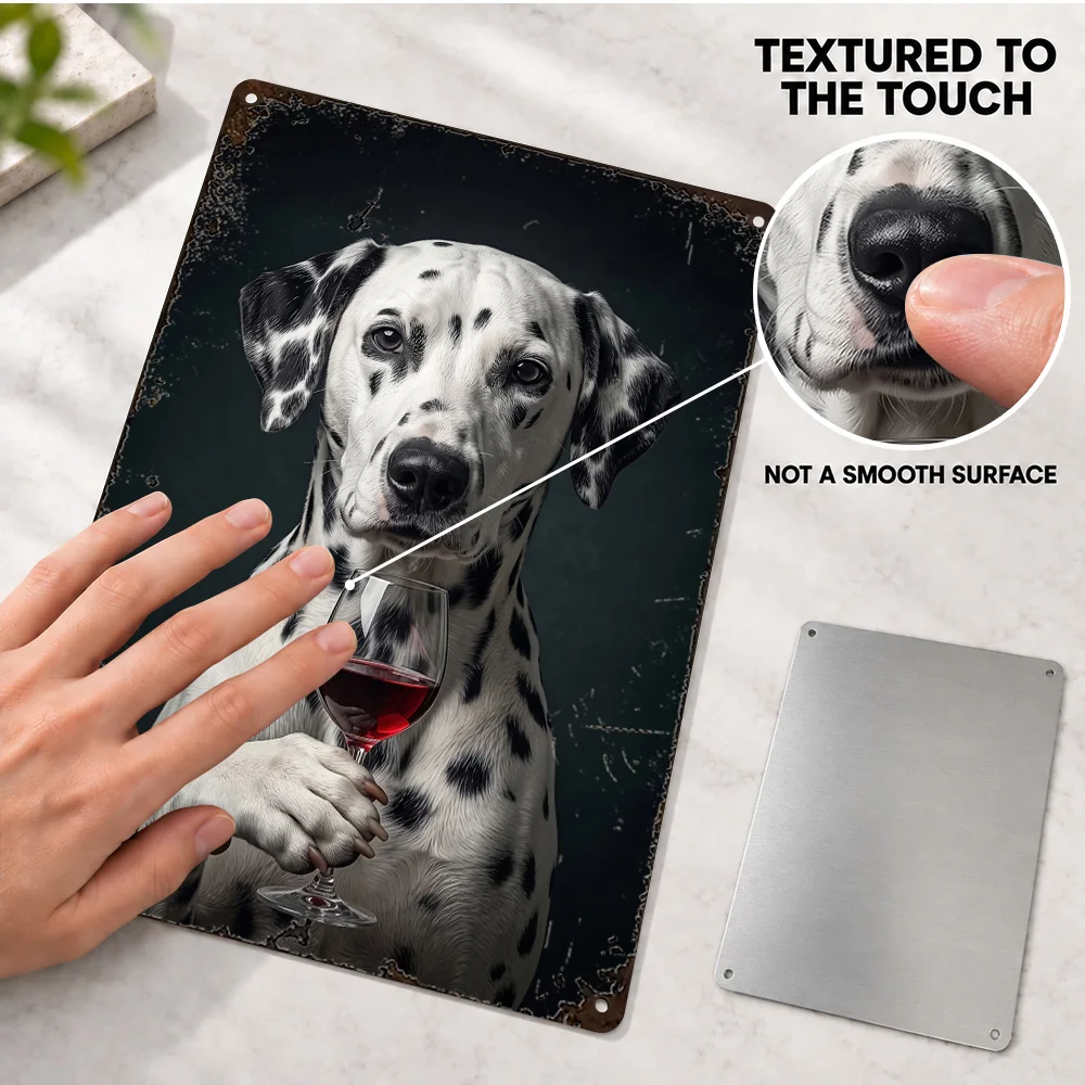 Dalmatian Dog Holding Wine Glass Textured Metal Poster Animal Portrait Bedroom Wall Art Personalized Aluminum Sign Unique Gift
