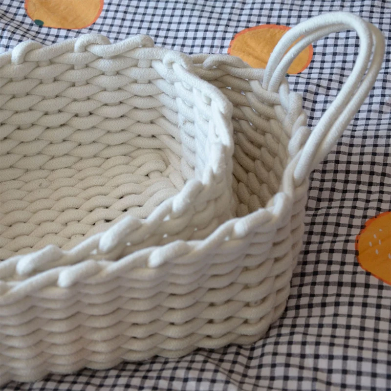 Hand-woven Thick Cotton Rope Storage Box Sundries Cosmetic Organizer Desktop Toy Snacks Storage Basket Container White/Grey