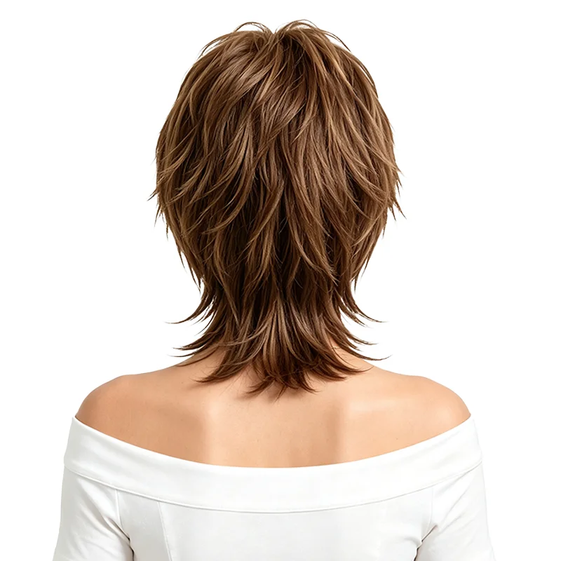 Women Short Mullet Wig Brown with Blonde Highlights Shaggy Layered Synthetic Hair with Bangs Natural Looking Daily Party Wear