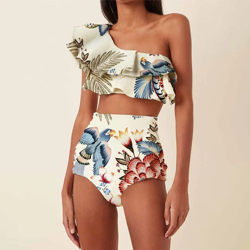 One-piece ชุดว่ายน้ําสตรีชุดว่ายน้ํา Deep V ruffled COLLAR Toucan พิมพ์ชุดบิกินี่ชายหาดสไตล์สวมชุด Maxi กระโปรง