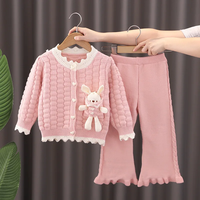 

Girls Knitted Clothes Sets Spring Autumn Children Woolen Jersey Sweaters Coats Pants Princess Suit For Baby Cute Outfits Kids 6Y