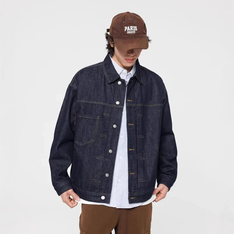 

Джинсовая куртка оригинального цвета для мужчин в японском уличном стиле AMEKAJI, модная винтажная свободная повседневная джинсовая куртка, ковбойская куртка