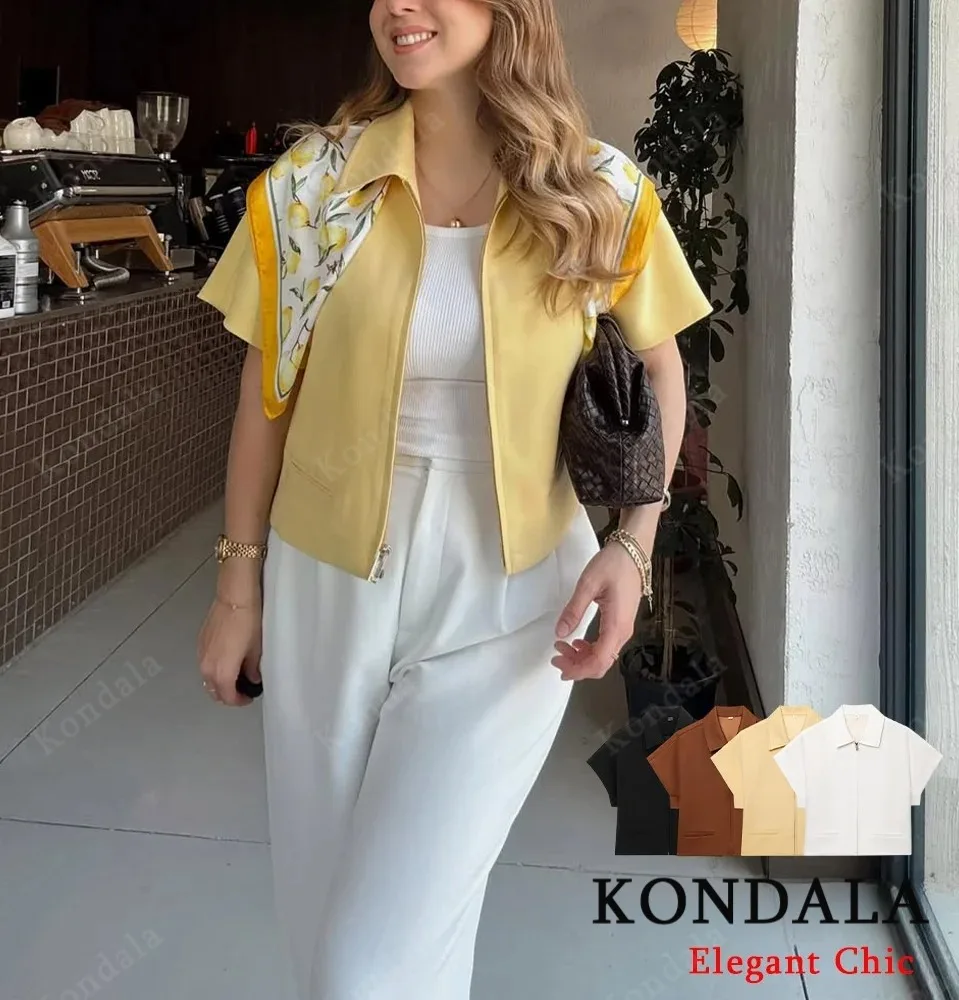 Sommer-Kurzarmjacke, Buttergelb, Damen-Jacke mit Revers und Reißverschluss, 2025, modische High Street, einfache, vielseitige Jacke