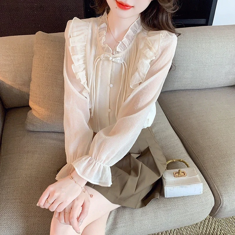 New Fashion Long Sleeve Stand Collar Women Shirt Blouse Tops Blusas Mujer De Moda 2024 Ruffles Chiffon Blouse Women Shirts H552