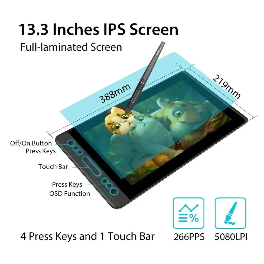 z 13 inch battery free stylus 8192 Levels pen pressure Huion interactive digital graphic drawing tablet Pen Display