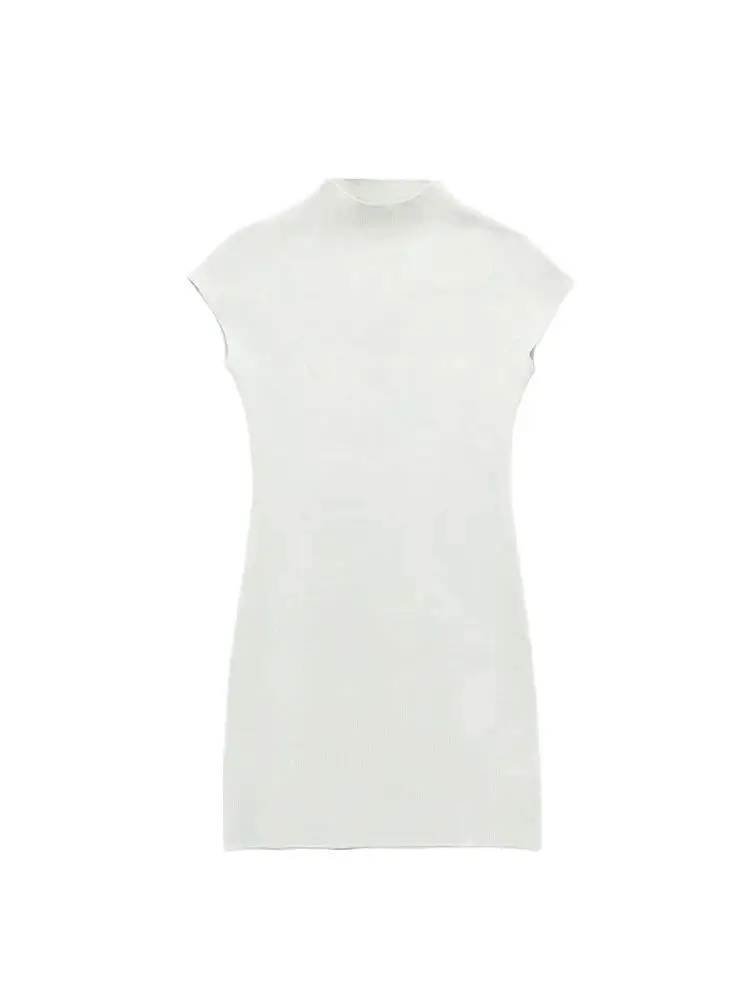 TRZA Women Fashion Stretch Knit Mini Dress Vintage High Neck Sleeveless Female Dresses Vestidos Mujer
