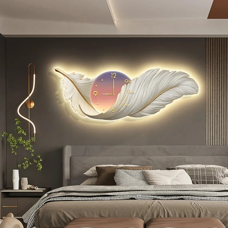 Horloge Murale LED de Luxe, Grande Décoration Artistique, pour Salon, Peinture, Plume, Silays euse, pour la Maison