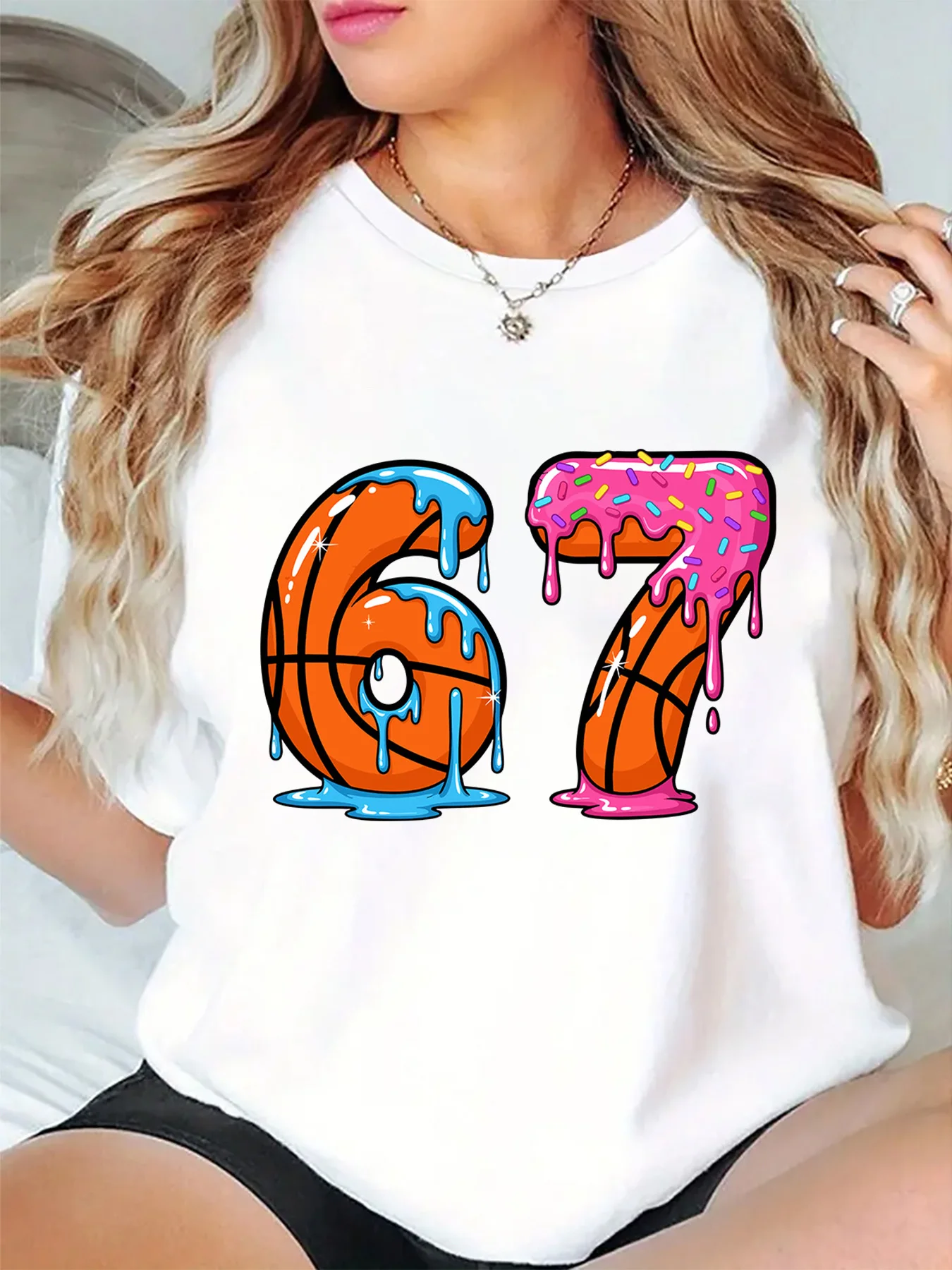 Cute Basketball Drip Number 67 With Sugar Sprinkles Art Print Graphic Ladies T Shirt Short Sleeve Crew Neck Casual Tee Tops