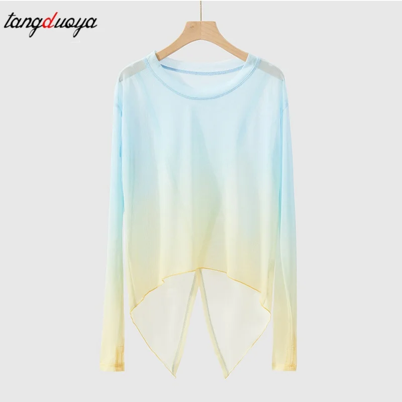 Gauze Top Body Rhyme Stretch Mesh Blouse Gradient Split Folk Dancer Shirt Long Sleeve Basic Wear Thumb Hole