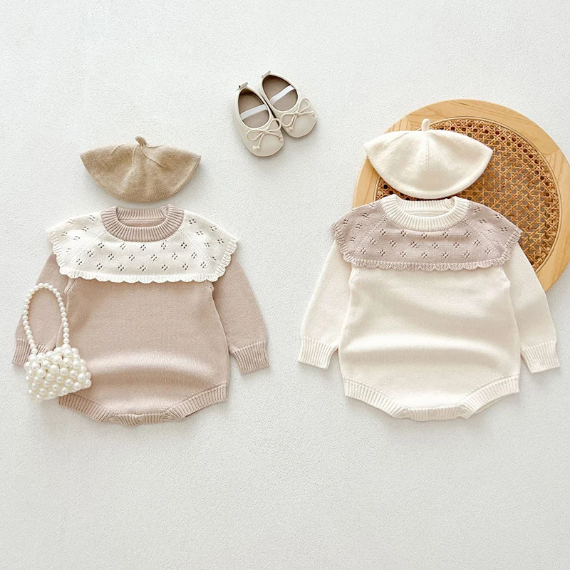 2024 New Autumn Baby Girl Knitted Clothing Newborn Baby Girls Knitted Bodysuits Long Sleeved Splicing Korean Style Climbing Suit