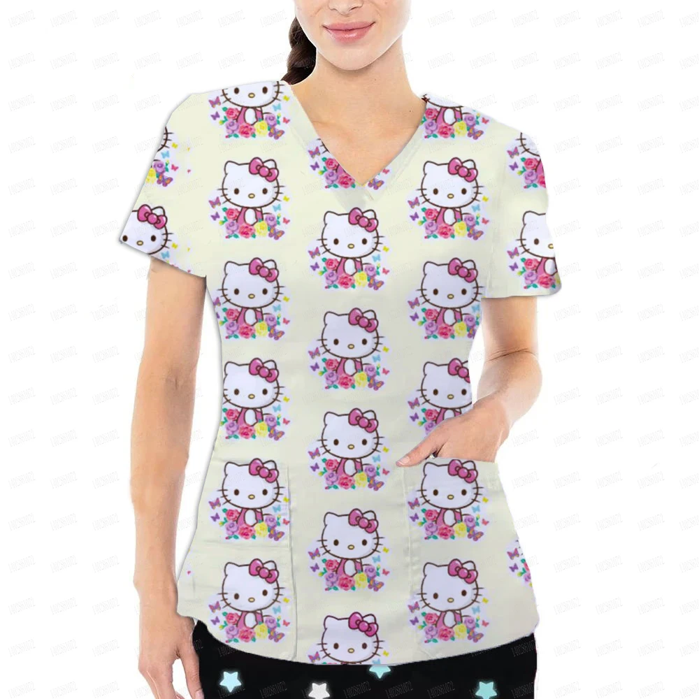 Hello Kitty 3d printed nurse uniform hospital clinic V-neck pocket medical uniform dentist care frosted top work uniform