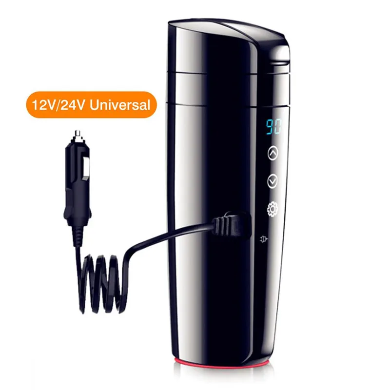 

350ML Car Heating Cup Real-time Temperature 12/24V Heated Water Mug Kettle Stainless Steel Travel Electric Coffee Cup With Cable