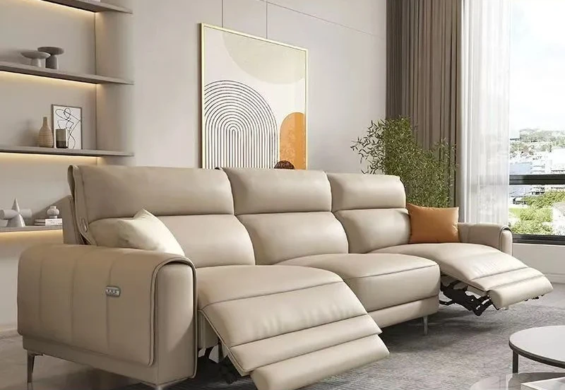 Zero Clearance Electric Recliner Sofa Genuine Top Grain Leather Modern Italian Straight Couch Space Saving Living Room