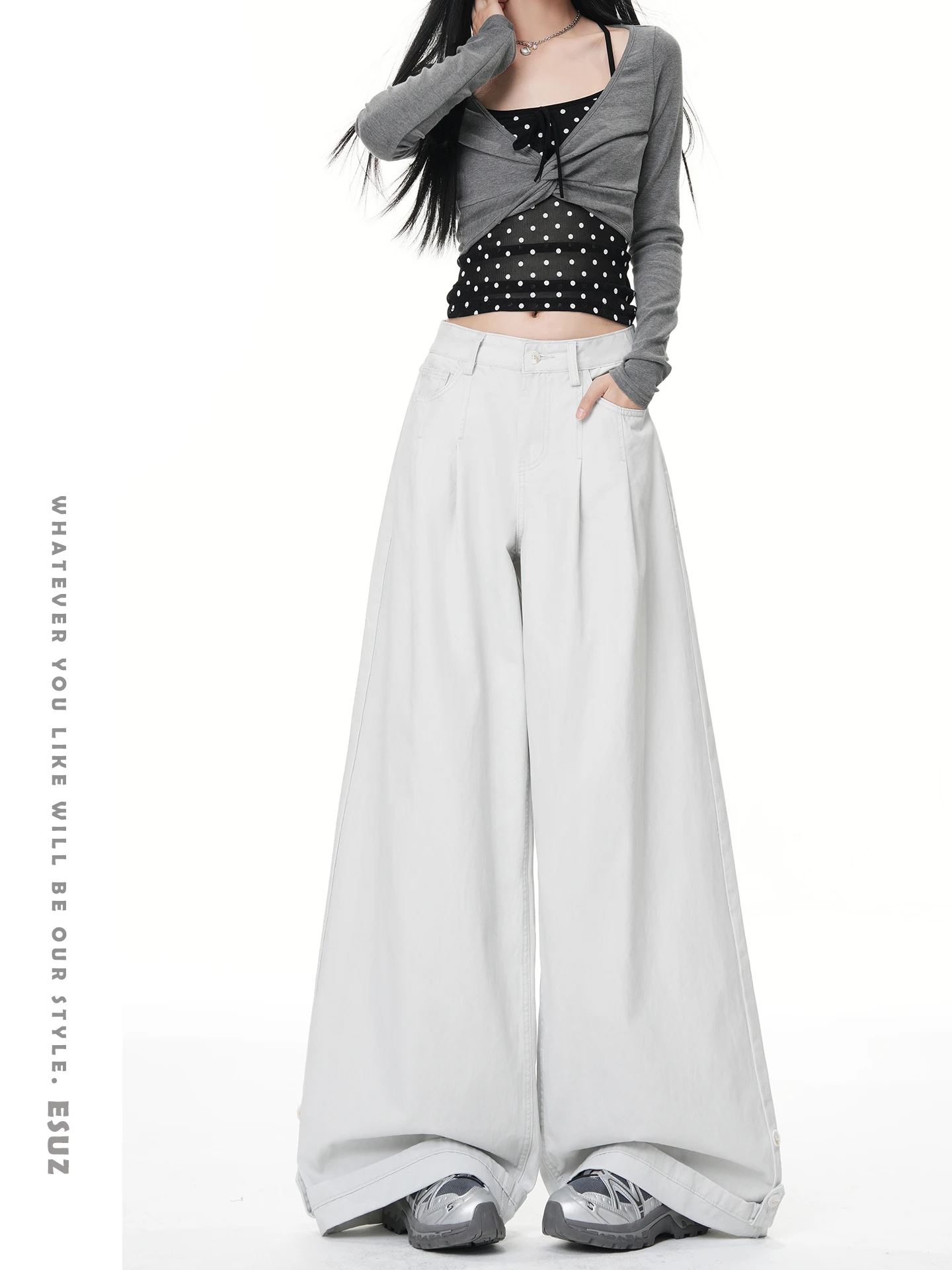 

Offcat High Waist Wide Leg Denim Jeans Women's Spring New Style Autumn Winter Adjustable American Fold Ladies Casual Cotton