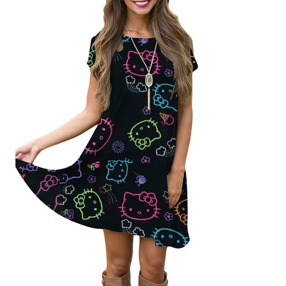 2025 새로운 한국어 스타일 플러스 사이즈 헬로 키티 프린트 티셔츠 여성 여름 루즈핏 배꼽 커버 학생 드레스 ﻿