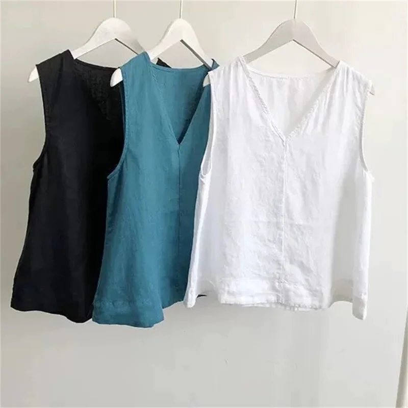 

Новая летняя хлопково-льняная майка с V-образным вырезом без бретелек для женщин, свободного кроя, больших размеров, для полных женщин, верхняя одежда, базовый топ