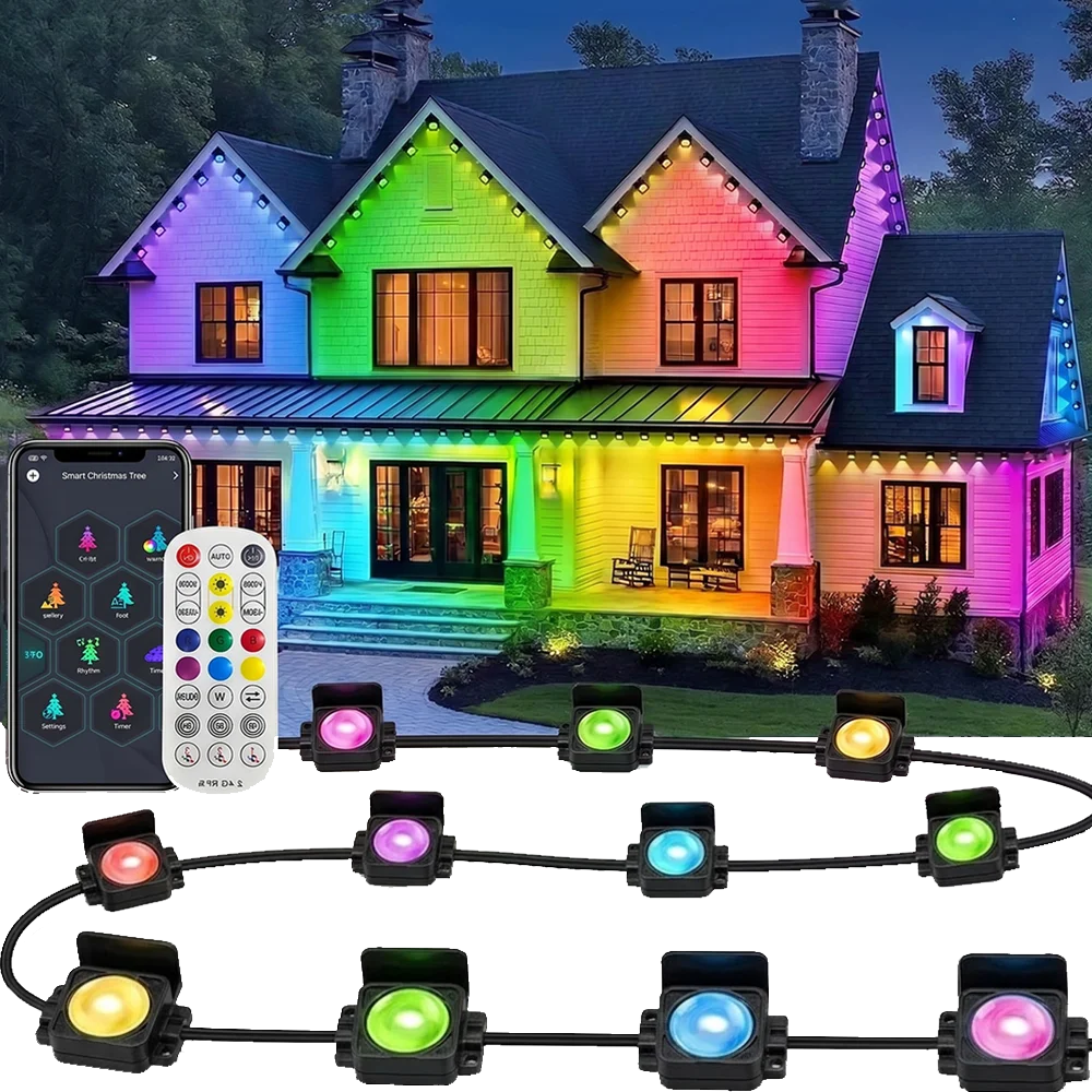 常設型屋外rgbic軒先ライト-ブラックハウジング-ledストリングライト-アプリ＆リモコン操作-タイマー機能付き-ip67防水-フェスティバル装飾