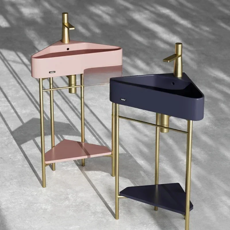 

Triangle Floor Type Wash Basin Golden Stainless Steel Bracket Corner Washbasin