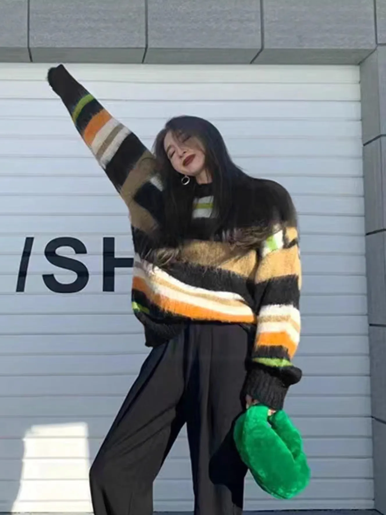 Chic Spring Autumn Retro Lazy  Stripes Jaet Top Hong Kong Sle oulder Loose Soft Cozy Knitted Sweater Women