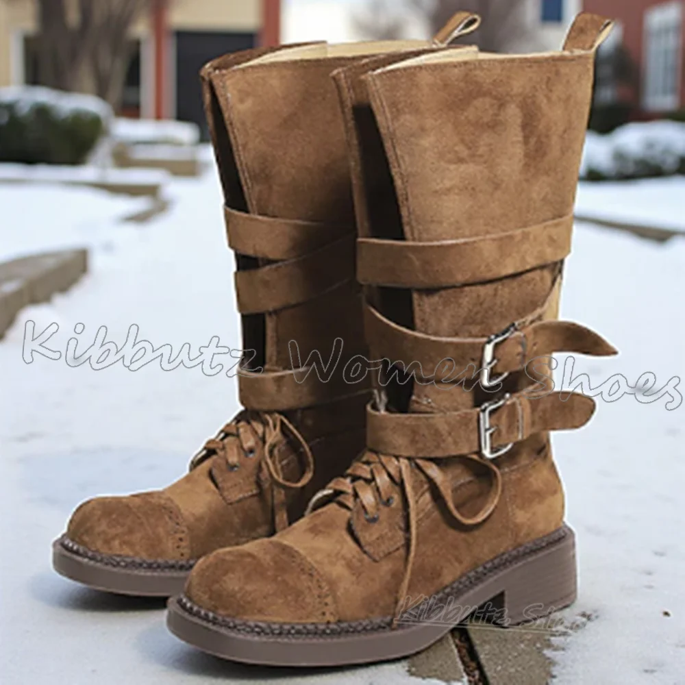 Suede Boot Knee High Belt Buckles Vintage Cowboy Lace-Up Solid Color Fashion Luxury Elegant Sexy Concise Novelty Round Toe Shoes