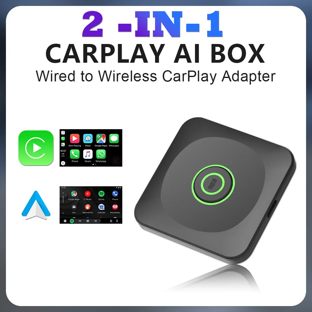 2 في 1 سلكي إلى Carpaly Al box لاسلكي CarPlay/Android Auto/ Android 13 Car لسيارة Youtube Netflix Toyota Mazda Hyundai