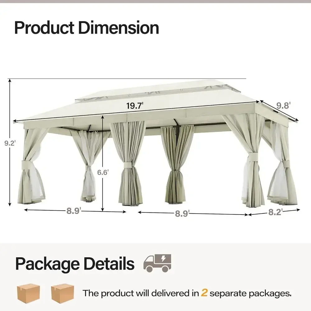 Patio Gazebo 10'x20', Outdoor Heavy Duty Party Tent Shelter with Double Roos, Mosquito Nettings and Privacy Sns or Backyard, Gar