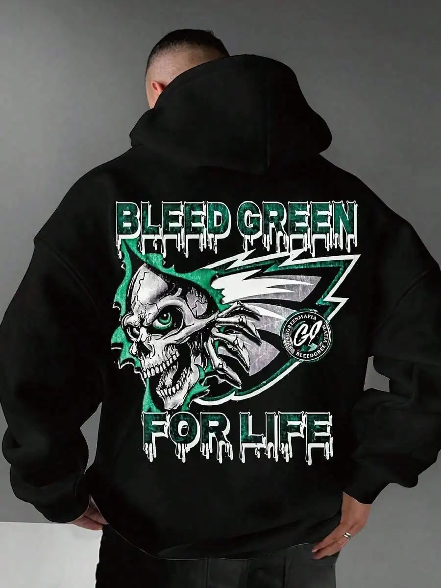 Men's Green Skull Print Hooded Sweater, Drawstring, Pocket | Hip Hop Pullover Sweatshirt, Fall/Winter/Fall, Unisex Comfortable Drawstring Hooded Sweater: For Outdoor Leisure, Street Style, and Everyday Commuting