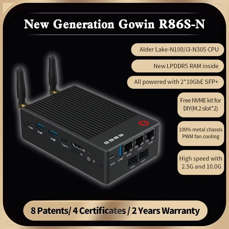 Gowin R86S-N100A Router firewall Mini PC tutto in uno con IntelN100/N305 16 GB 32 GB Ram 2 * 10G SFP + 3 * 2,5 GbE Apparecchio Pfsense