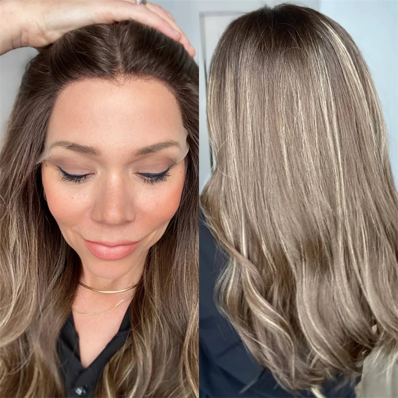 

Парики для вечеринок Ombre Коричневый Блондинка Balayage Роскошный синтетический парик фронта шнурка Натуральный вид волос Модный парик Бесплатная часть парика для женщин