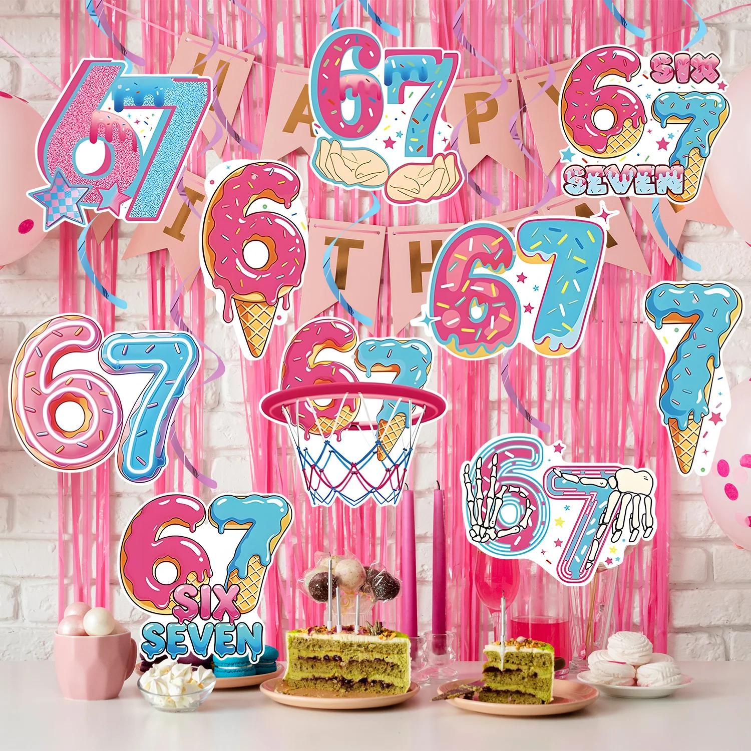 Six Seven Ground Insertion Birthday Outdoor Garden Party Decorations 67 Honeycomb Hanging Banner Desktop Center Piece Kids Favor - view 6