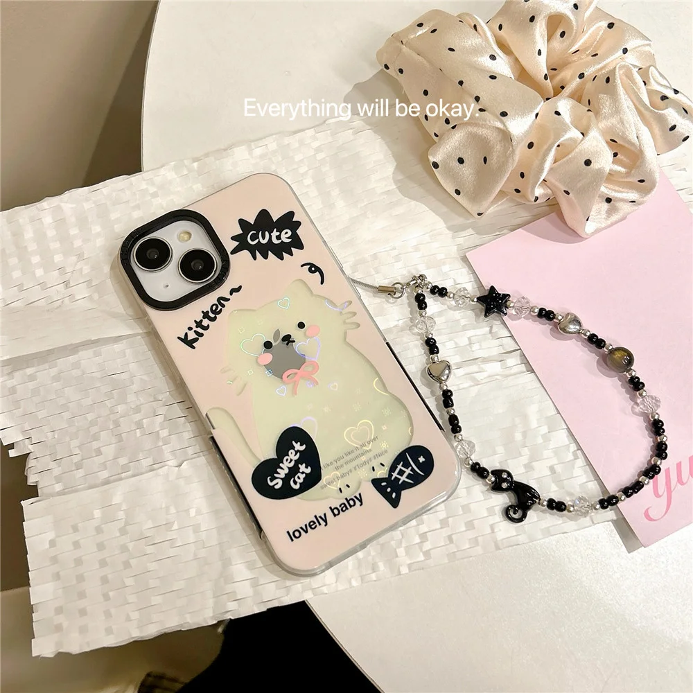 Cartoon Bracelet Phone Case, Suitable for Apple 15PRO, Love Light Wave Kitten, iPhone 14, 13, Protective Case, New