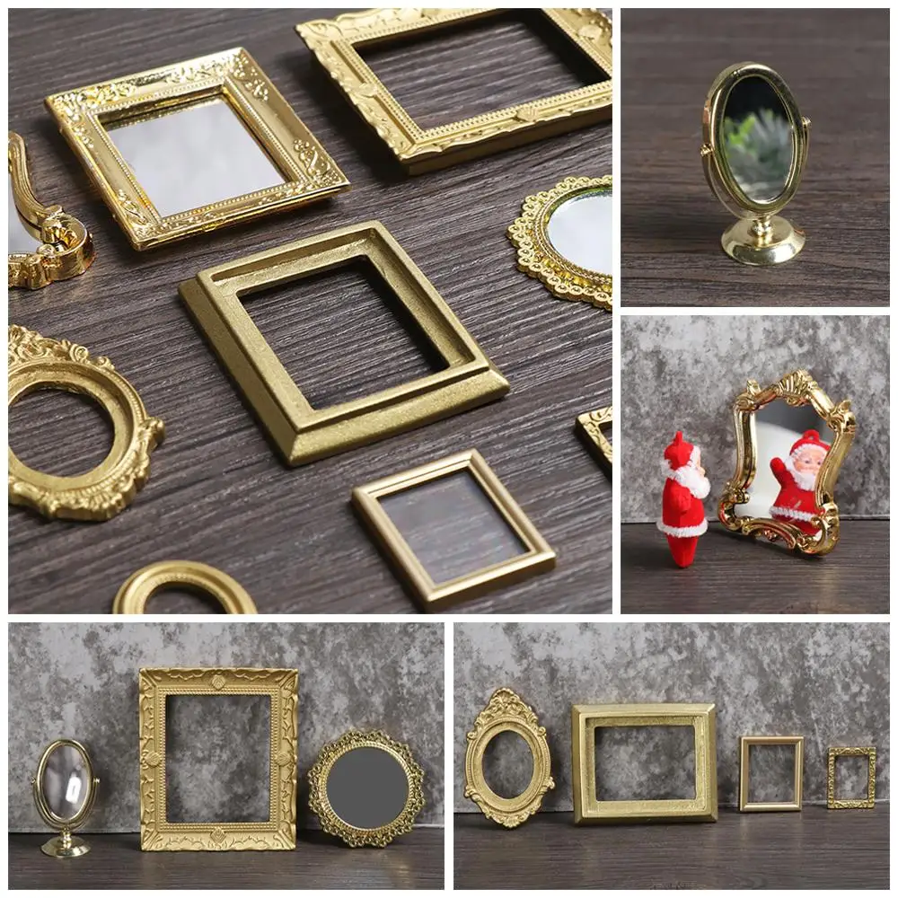 European Style Round Square Vintage Bathroom Furniture  Accessories Mini Gloden Frames Miniature Retro Mirror 1:12 Scale