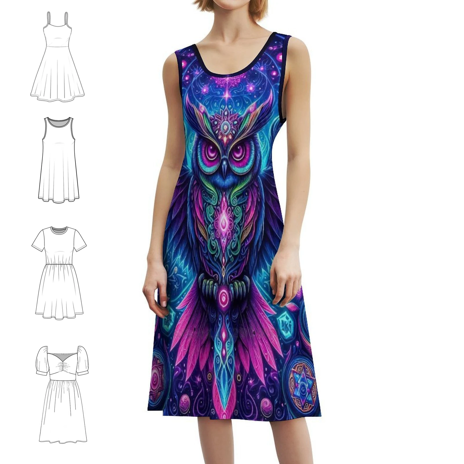 البومة الغامضة: فستان بوهيمي عتيق من Ethereal Neon Galaxy Celestial Magic بأكمام منتفخة أو خيارات بدون أكمام لفستان النساء #1