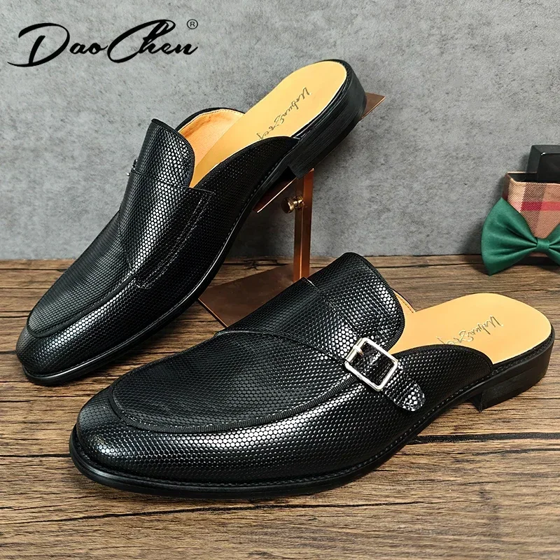 Casual Leather Mules Half Shoes For Men Fur Shoes Designer Luxury Fashion Green Mens Footwear Slides Slippers Sandals Summer