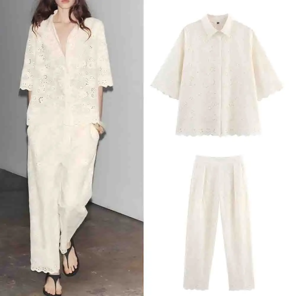 

Women's New Fashion loose hollow embroidery lapel shirt retro short sleeved button up women's shirt chic top+Pants suit